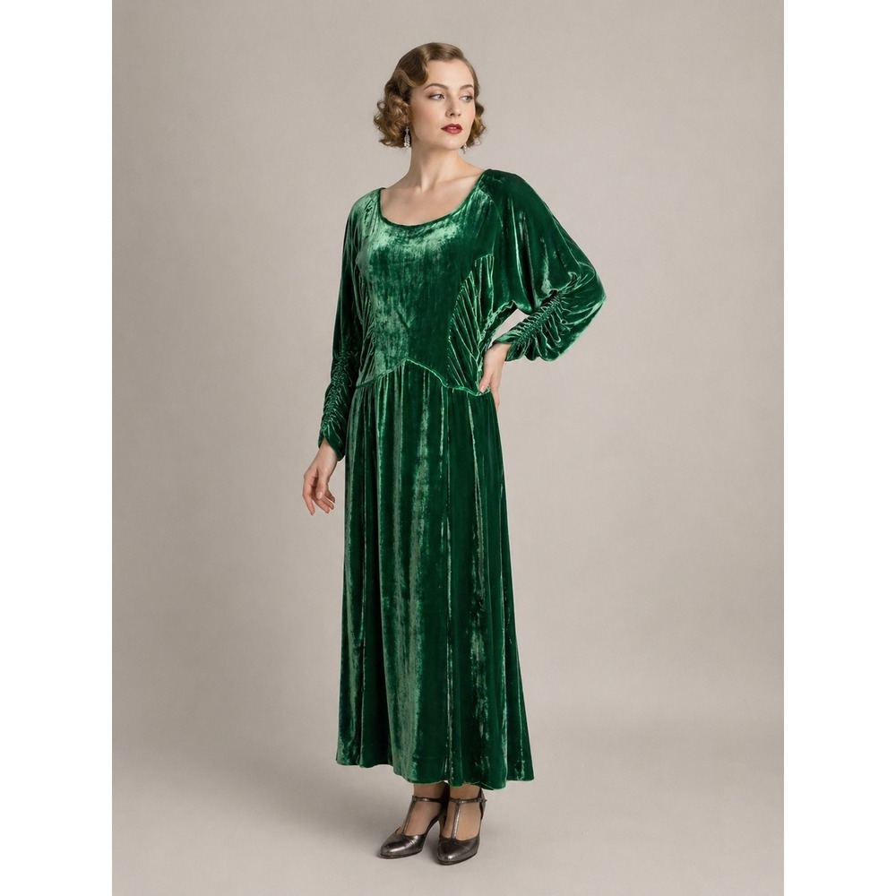 Vintage 1930s Silk Velvet Dress Emerald Green Ruched Art Deco Gown Maxi 38 Bust